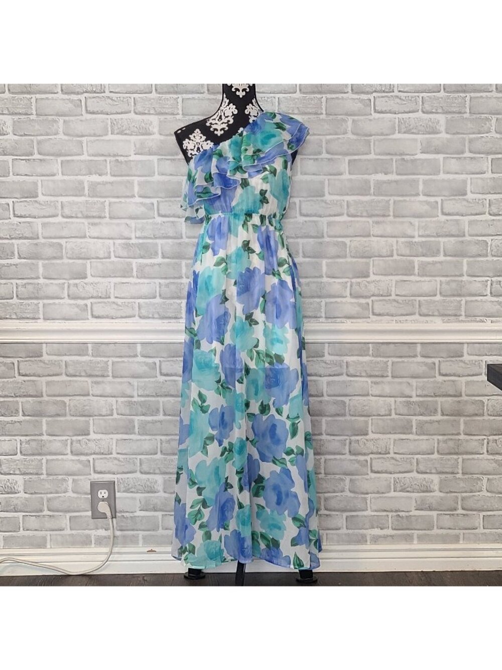 Dalia MacPhee Maxi Dress One Shoulder Floral Chiffon M NWT Blue Lined Garden